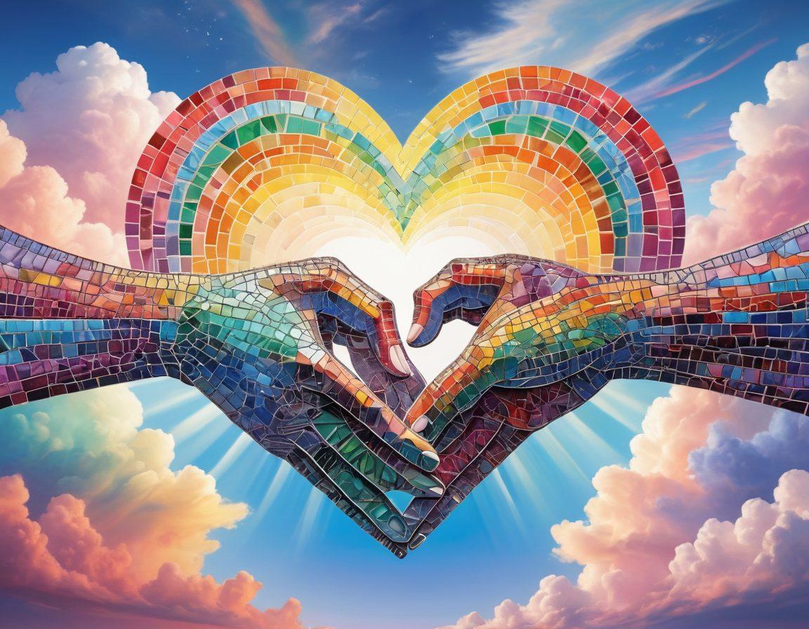 A colorful heart mosaic made up of diverse symbols representing the LGBTQ+ community, intertwined with two hands gently holding each other, surrounded by soft pastel backgrounds of clouds and rainbows. The whole scene should radiate love, acceptance, and support, inviting viewers to explore relationship tips. vector art. vibrant colors. white background.