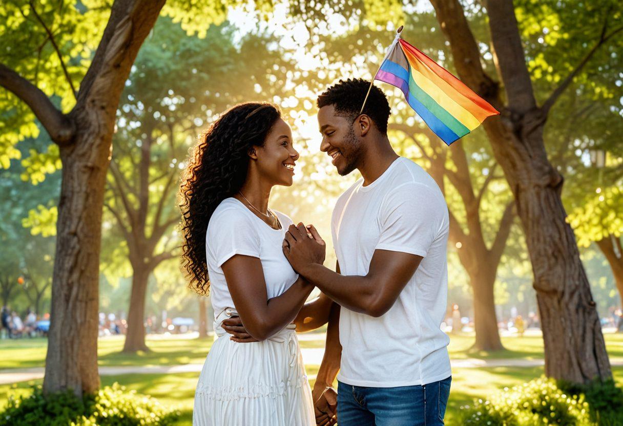 A colorful, heartwarming scene of diverse couples sharing joyful moments in a park, with gentle sunlight filtering through trees. Include symbols of love and support such as pride flags and intertwined hands. Surround them with books and resources on love and relationships, symbolizing guidance and connection. super-realistic. vibrant colors. soft focus.