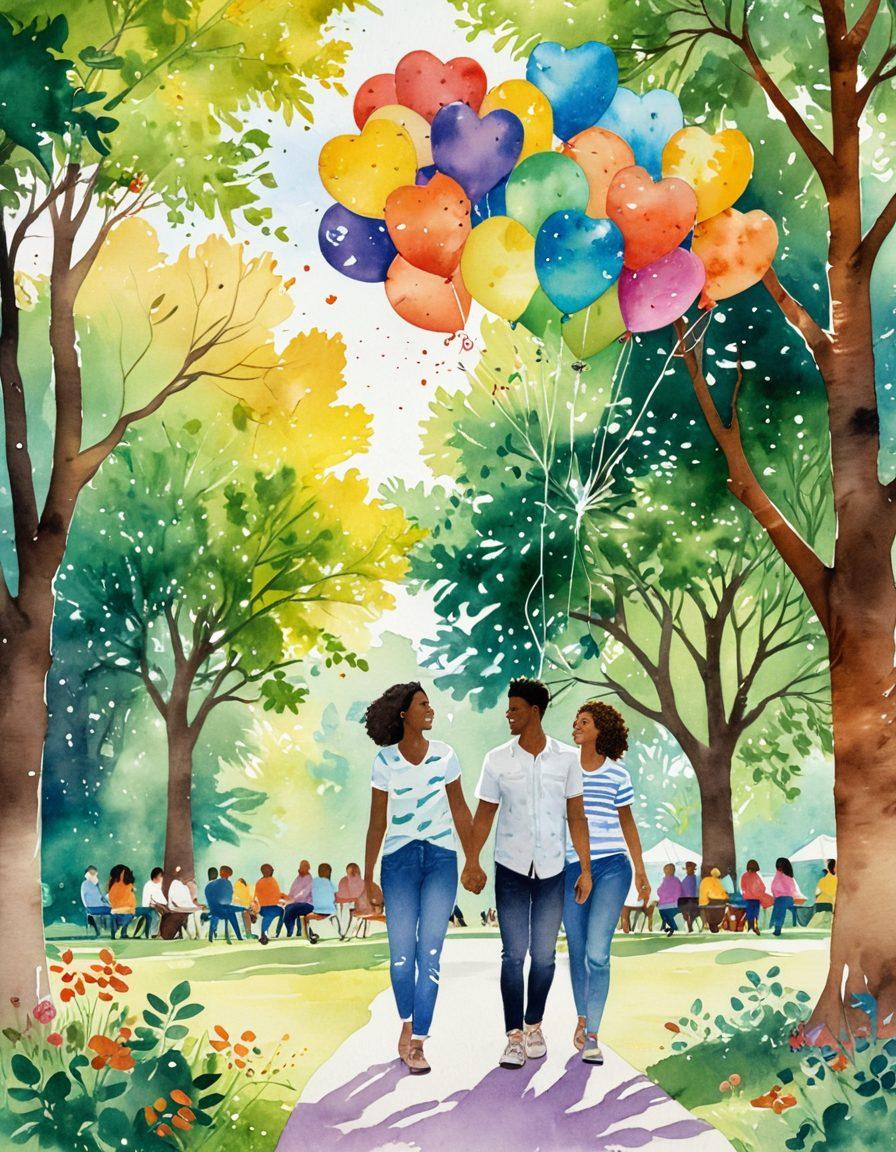 A vibrant illustration of diverse LGBTQ+ couples joyfully interacting in a colorful park, with warm sunlight filtering through lush trees. Each couple represents different identities, with visible expressions of love, support, and confidence. Surrounding them are elements like rainbow flags and heart-shaped balloons, symbolizing pride and connection. The scene conveys a sense of community and belonging. watercolor painting. vibrant colors. soft focus.